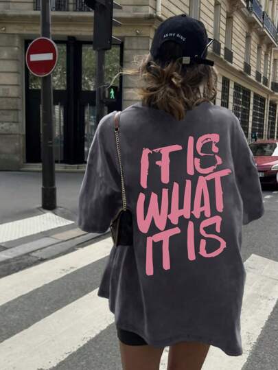 Women's Casual Oversized T-Shirt - "It Is What It Is" Letter Print, Loose Round Neck, Double-Sided Graphic Design, Short Sleeve, Dark Grey, Suitable For Summer
