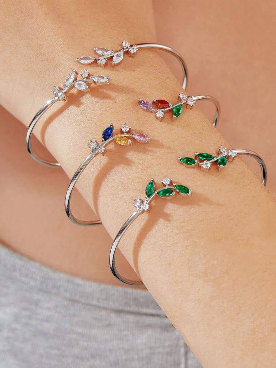 1pc Minimalist Metal Branch & Leaf Cubic Zirconia Inlaid Bangle Bracelet, Fashionable & Versatile Unique Women Jewelry