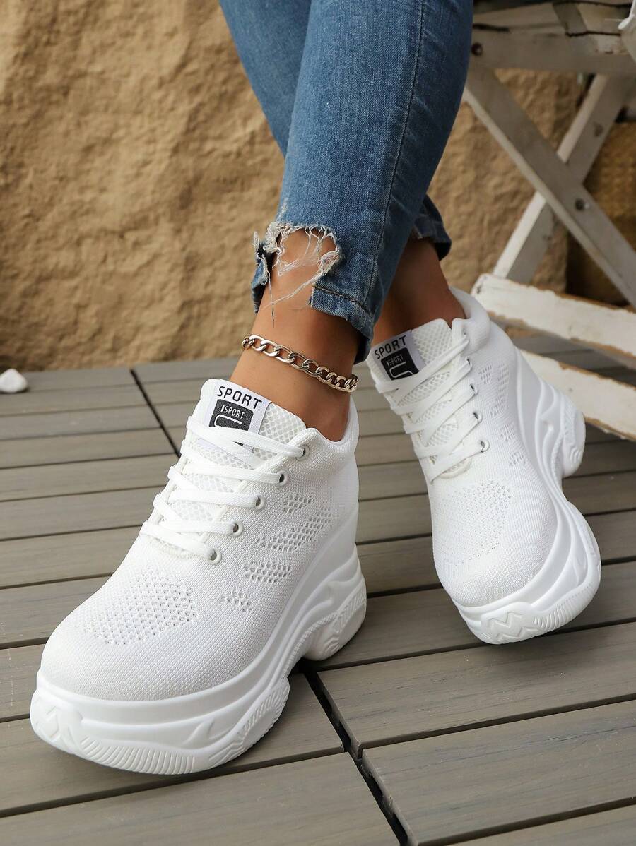 2025 Best Selling Lace-Up Thick Sole Platform Wedge Knit Breathable Women Casual Sports Sneakers, Versatile All Season