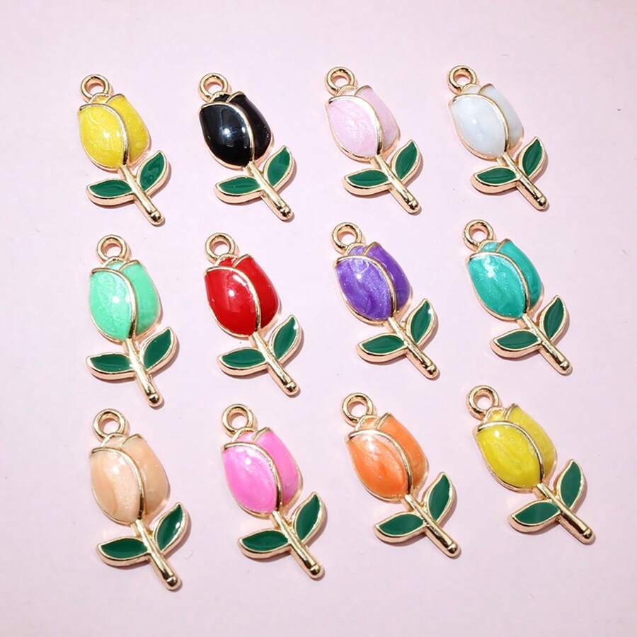 20pcs 21x10mm Enamel Rose Flower Charms Pendant Alloy Metal Cute Flowers DIY Jewelry Making Accessories For Necklace Earrings