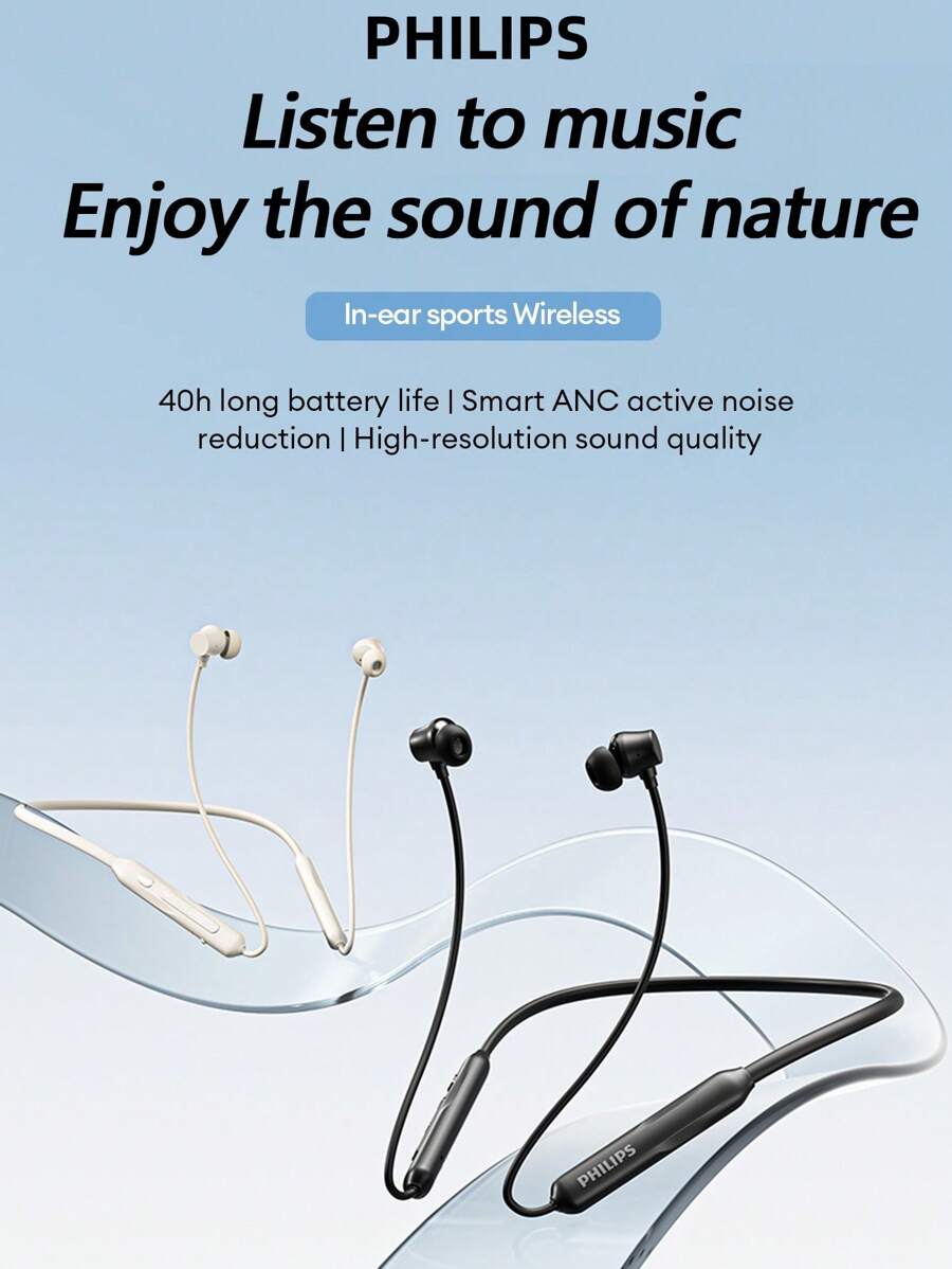 PHILIPS Écouteurs Bluetooth tour de cou PHILIPS TAN2020, écouteurs intra-auriculaires de sport avec gros diaphragme dynamique, haute qualité audio, double microphones, réduction de bruit active ANC, tour de cou magnétique, pour smartphones et ordinateurs