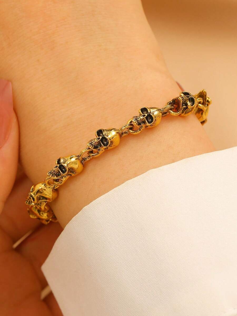 1 pièce Bracelet vintage gothique à tête de mort dorée sombre, accessoire de mode pour femmes, convient pour le port quotidien et comme cadeau d'Halloween