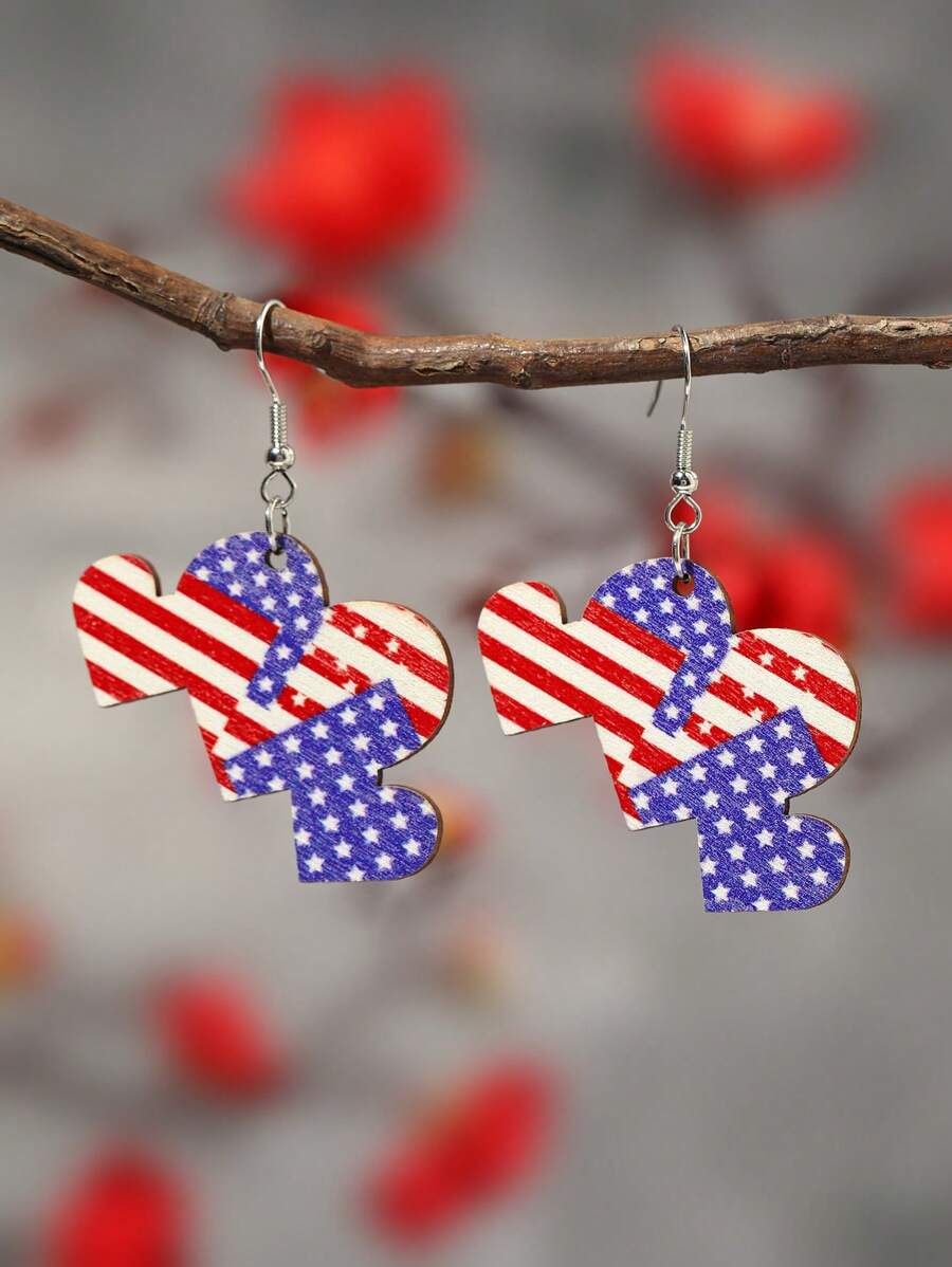 1Pair Wooden American Flag Color Drop Earrings Suitable For Women Girls USA Independence Day Accessories Jewelry
