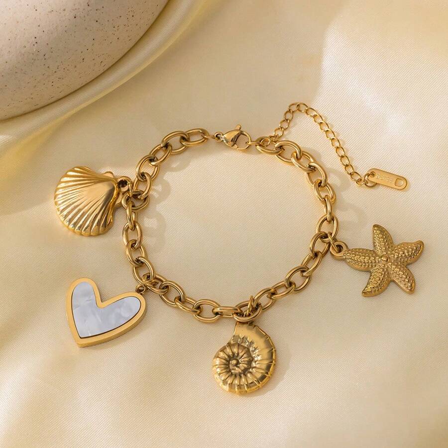 1pc Stainless Steel 18K Gold Plated Starfish, Shell, Heart Shaped Pendant Necklace, Rust Proof, Fashionable Necklace & Bracelet Decor