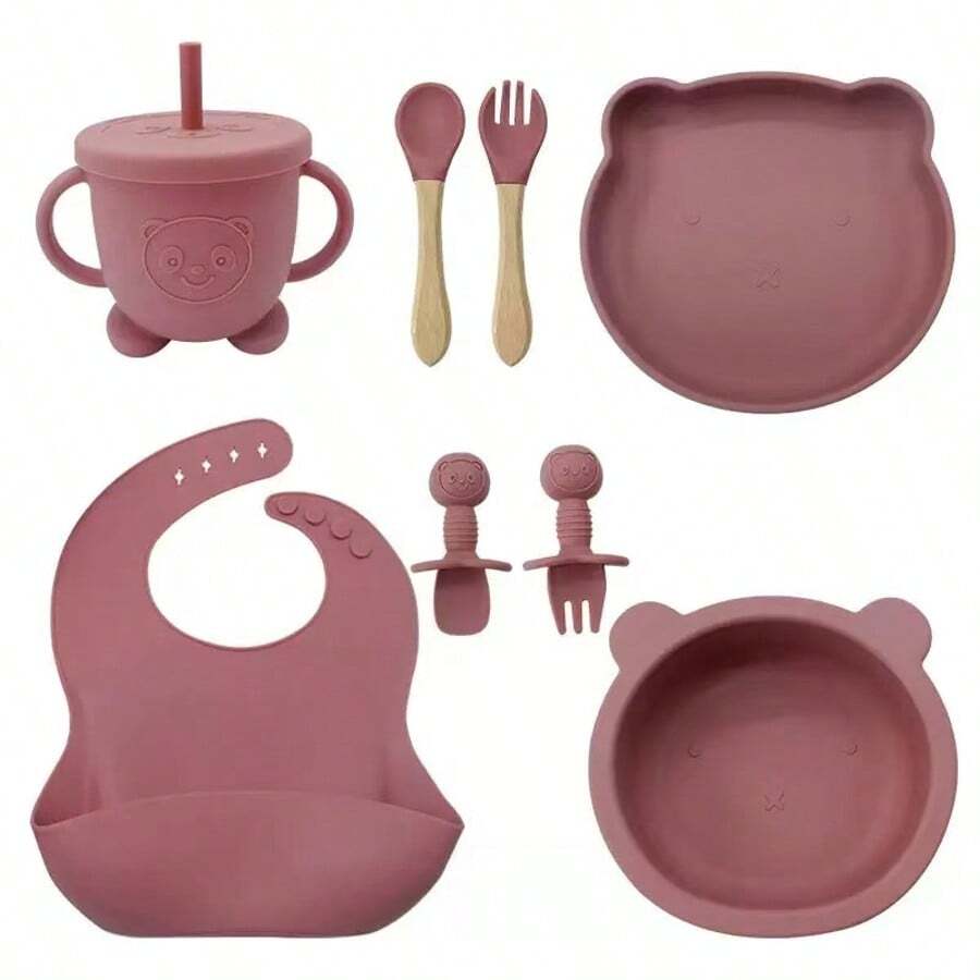 Set di alimentazione per bebè in silicone da 8 pezzi/6 pezzi/5 pezzi/4 pezzi/3 pezzi con piatto diviso con ventosa, prodotti per lo svezzamento, set di piatti per l'alimentazione autonoma di bebè/bambini piccoli con cucchiaio, forchetta, tazza con beccuccio, bavaglino regolabile, stoviglie per bebè