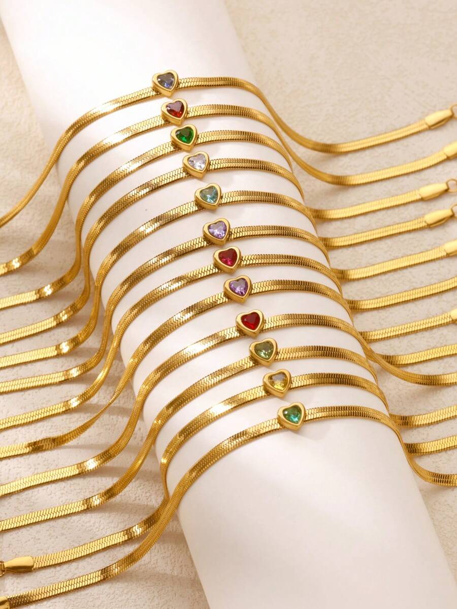 1PC Zirconia Birthstone Heart Anklets For Women Gold Color Stainless Steel Heart Anklet Wedding Birthday Luxury Jewelry Gift