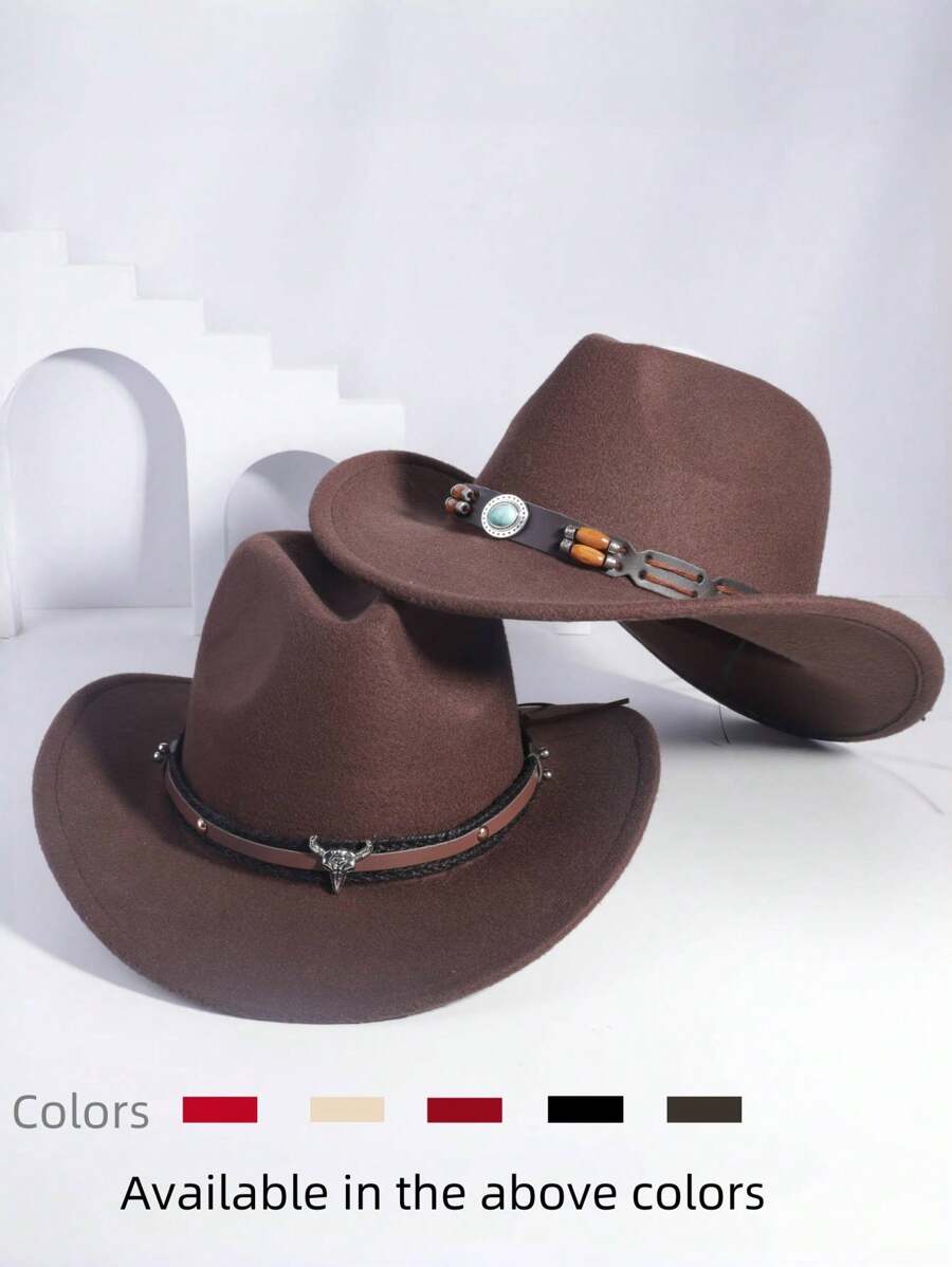 2 pièces Chapeau de cow-boy, chapeau de plage, chapeau Panama, chapeau de soleil, chapeau de cow-girl en feutre doux, fedora unisexe avec décoration de tête de bétail brodée, style bohème pour l'extérieur