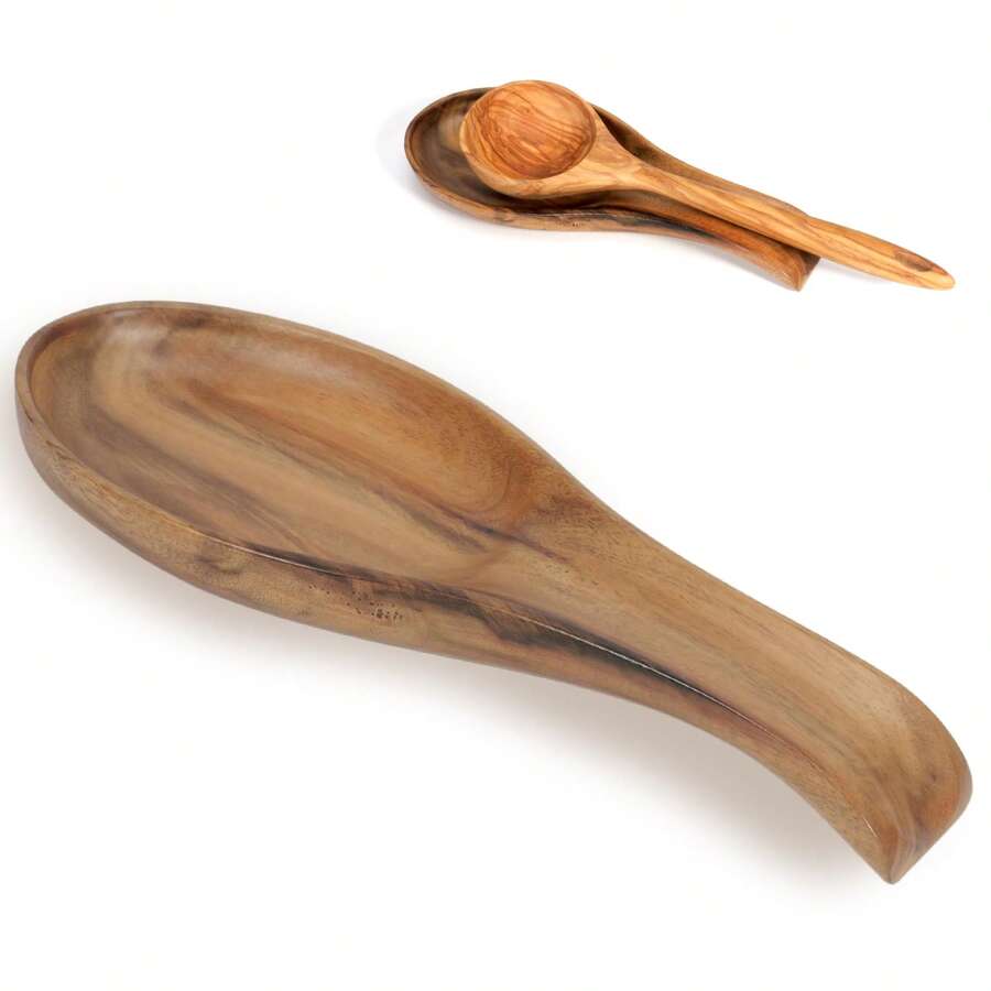 Large Acacia Wooden Spoon Rest Cooking Spoon Holder Organizer Heat-Resistant Wood Utensil Rest, Spoon Holder For Stove Top, Kitchen Utensil Holder For Ladles, Turner, Brush, Spatula& More