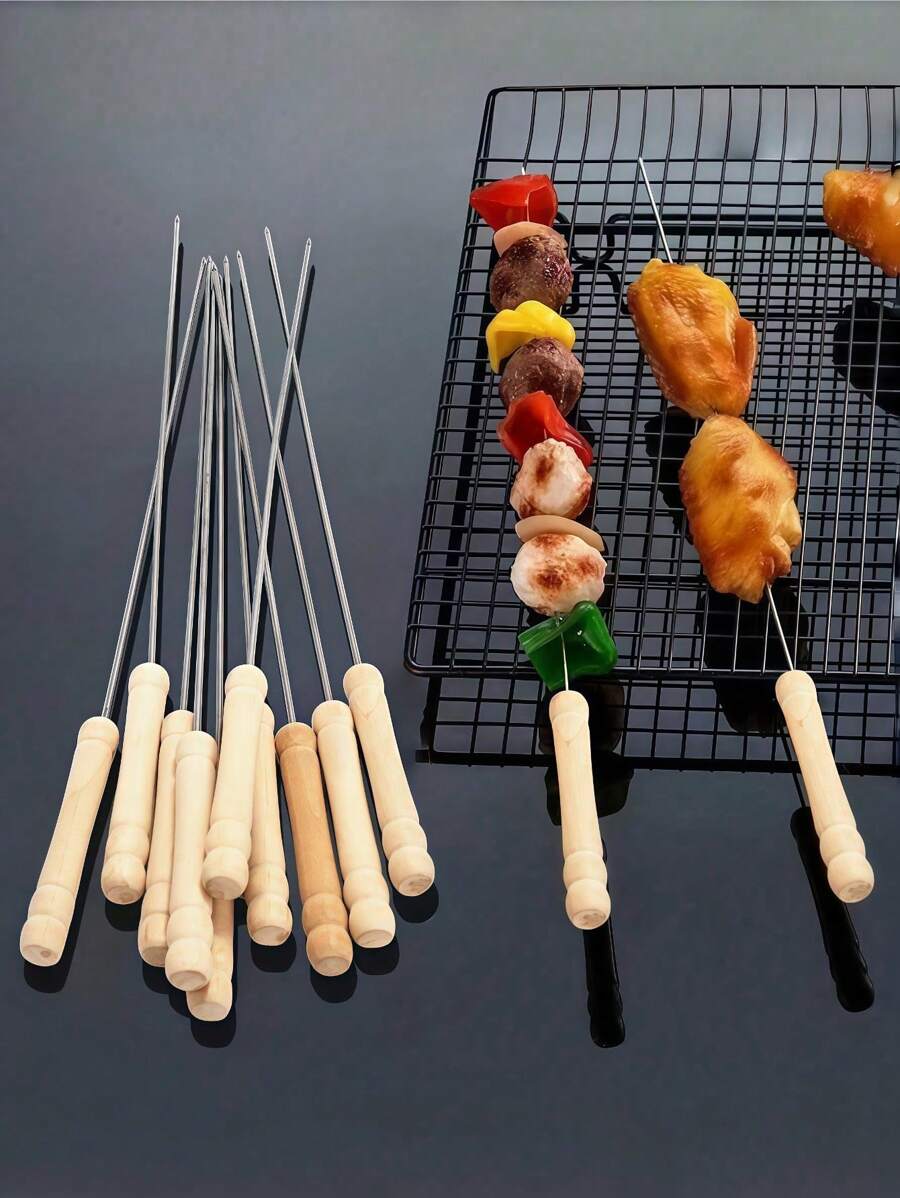 10/20 pièces Set de brochettes de barbecue, brochettes de barbecue en acier inoxydable, brochettes de gril polyvalentes en métal, brochettes de barbecue en acier inoxydable avec poignées en bois, aiguilles de barbecue, parfait pour la cuisson en extérieur, indispensable pour la cuisson en extérieur, fournitures de barbecue, 1 pièce pinceau à huile de barbecue