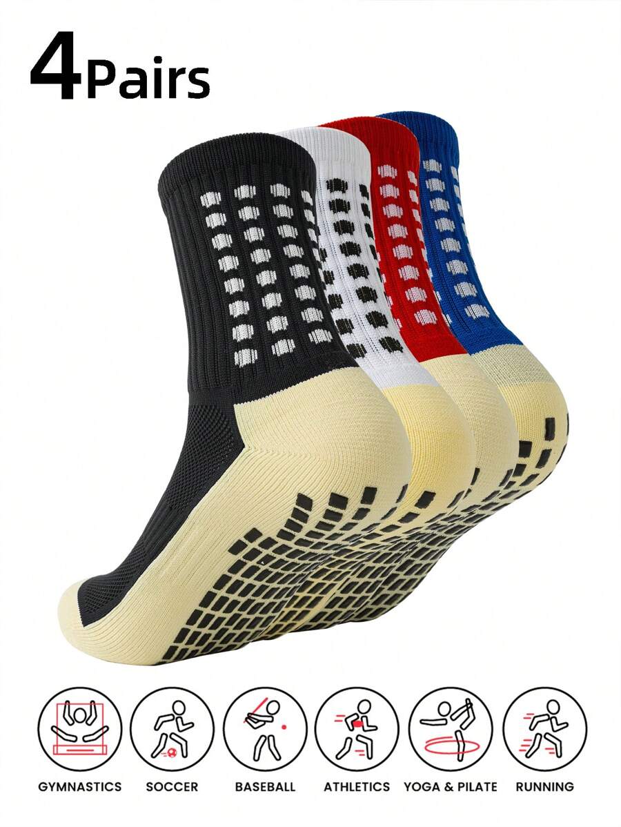 4 Pairs Mid Crew Sport Socks Non Slip Soccer Socks For Football Basketball Training, Running Athletic Outdoor Activities