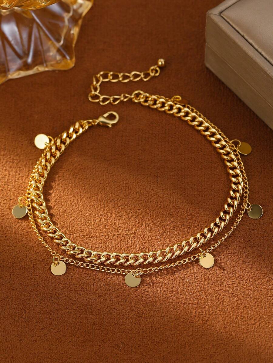 1 pieza Pulsera de tobillo elegante y ligera de doble capa chapada en oro de 18K con Charm circular, adecuada para uso diario, empaquetada en bolsa de terciopelo, para moda, verano, playa, fiesta en la piscina