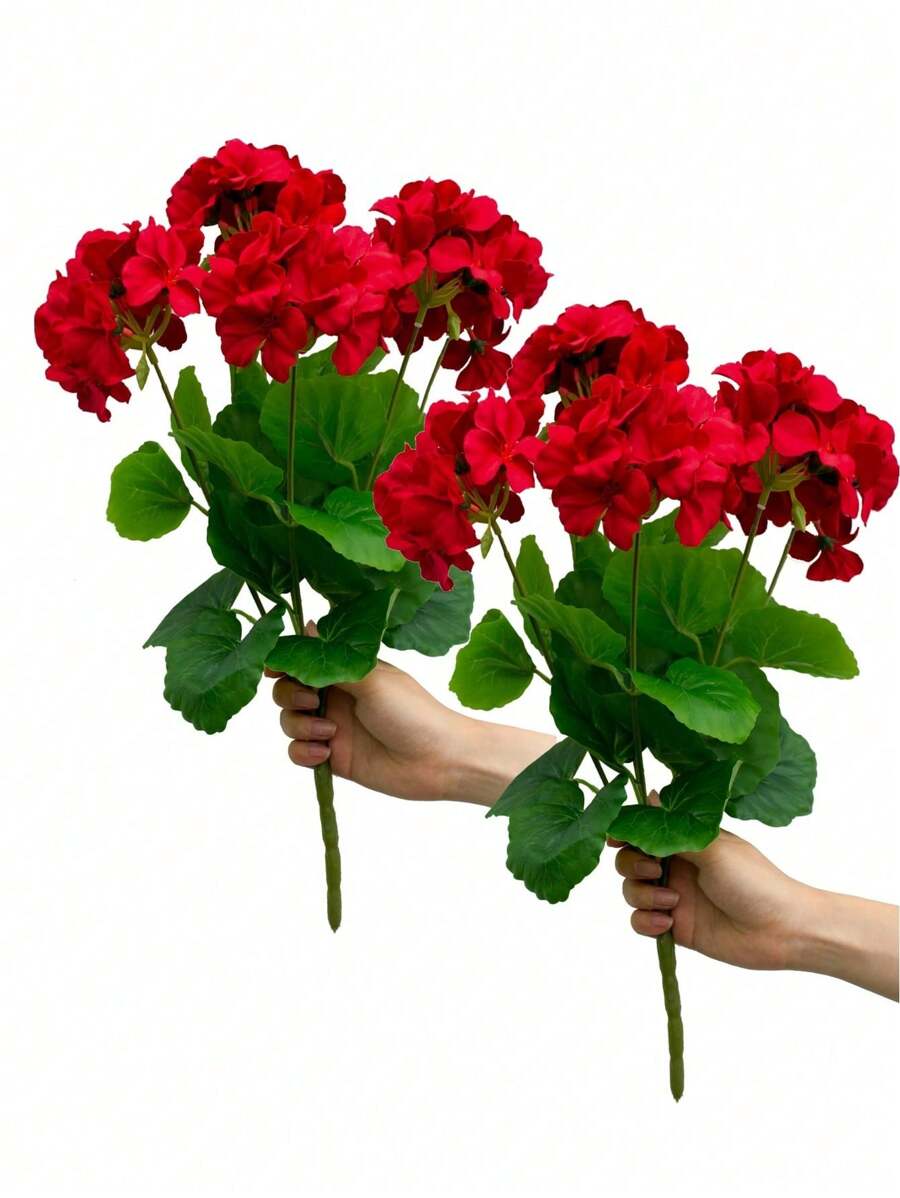 2Pcs/1Pc Artificial Red Geranium, Silk Flower Bush Realistic Imitation Flower Geranium For Floral Home Decor Indoor Table Centerpiece, Outdoor Flower Pot, Hanging Basket, Garden, Porch, Balcony, Window Sill Decoration, Holiday Party New Year Decoration