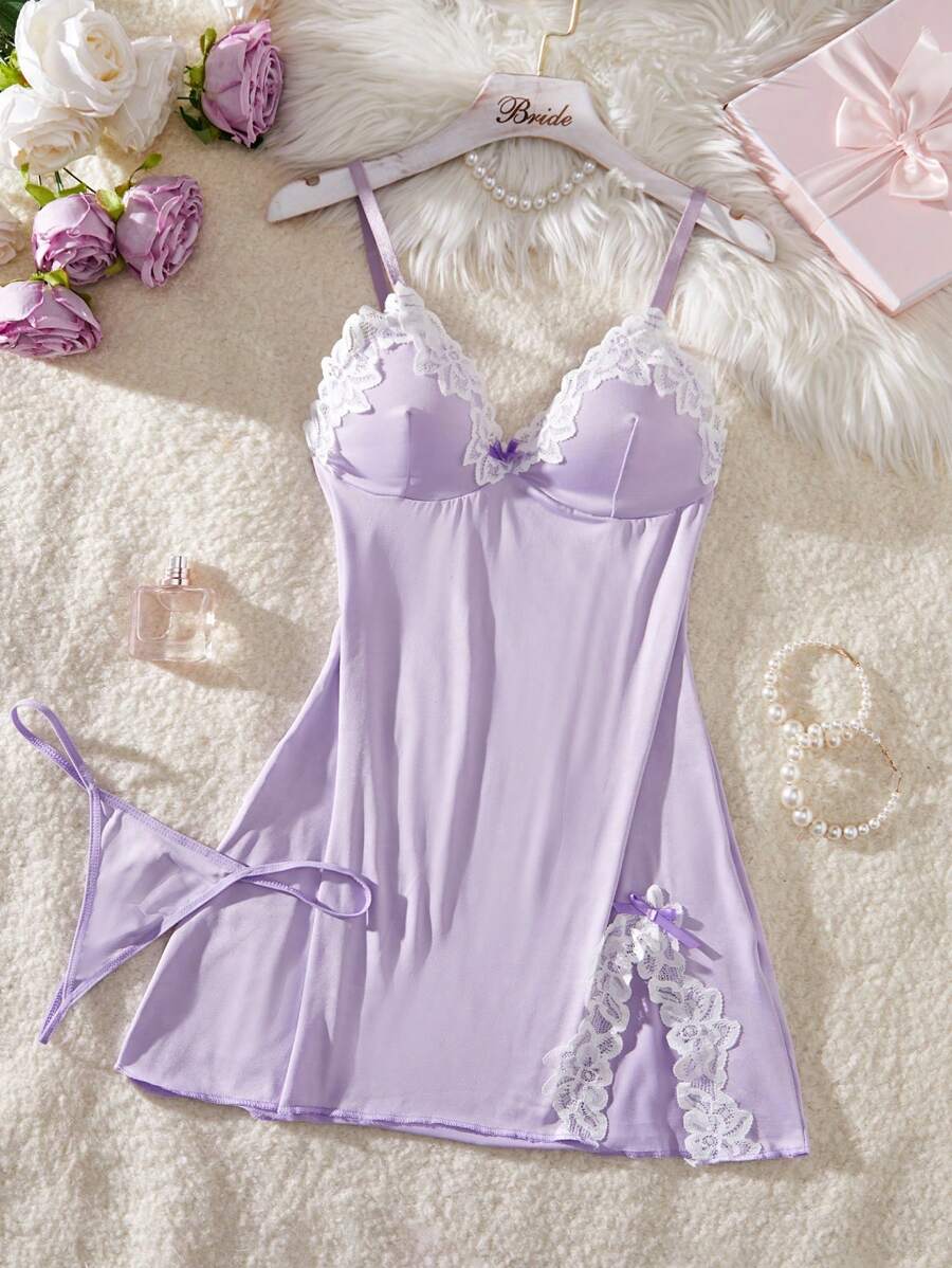 Camisón de mujer con diseño encantador de contraste de color, parche de encaje, escote en V y bajo dividido, con tanga a juego. Lencería sexy para mujer con tirantes finos y vestido erótico