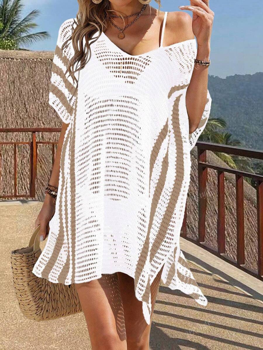 Women's Fashion Simple Striped Casual Sexy Vacation Knit Coverup, Summer Beach Wear