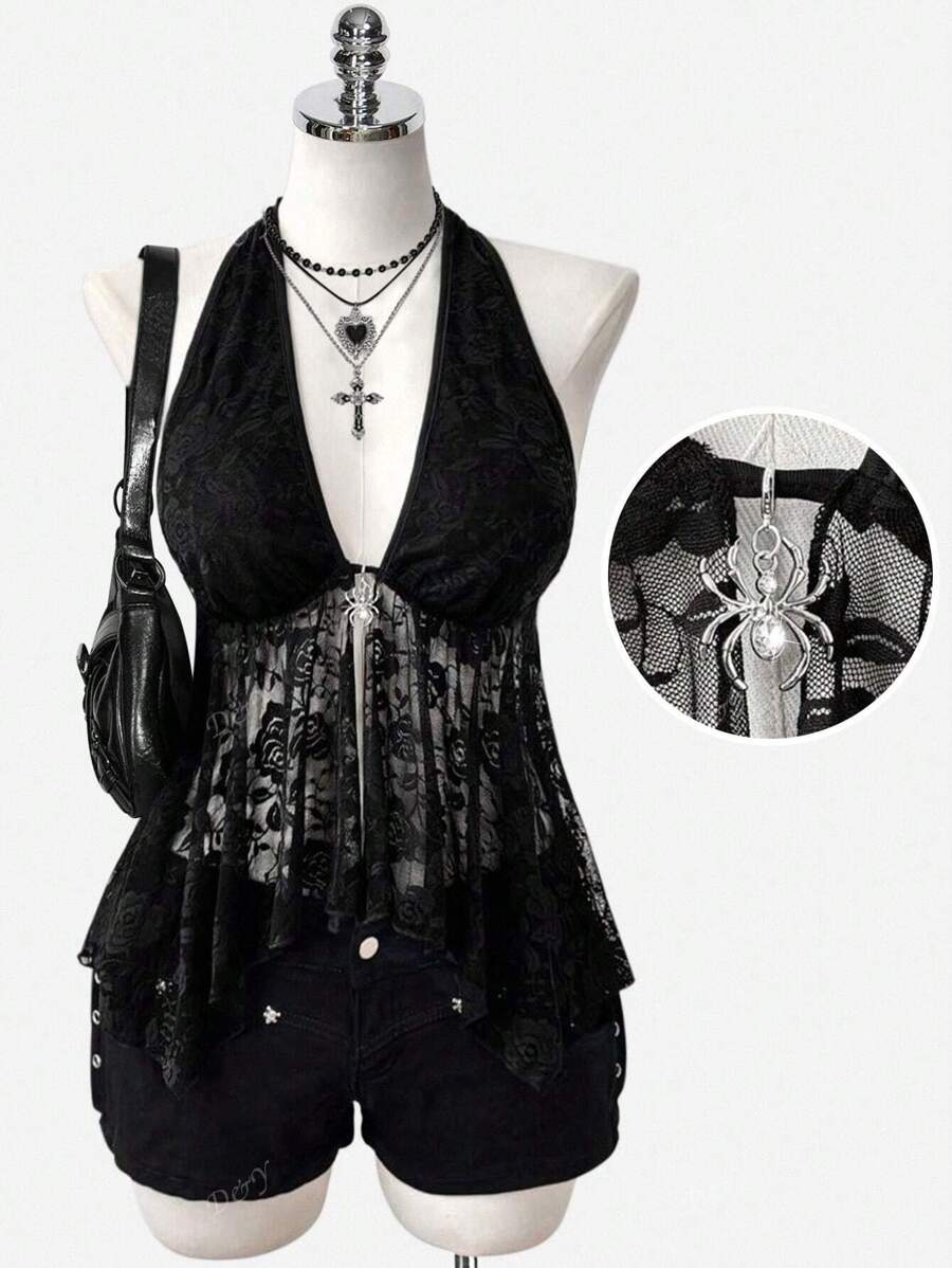 Women's Irregular A-Line Lace Hollow Sheer Spider Decor Punk Retro Street Style Camisole Top, Spring/Summer