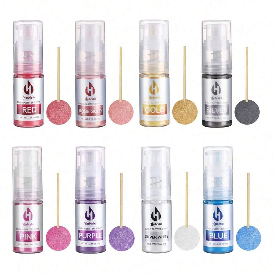 Espray de Brillo Comestible - 8 Colores Spray Brillante de Pastel Polvo Brillante Metálico Chispas para Decorar Galletas Chocolate Fresa, 5g/Botella