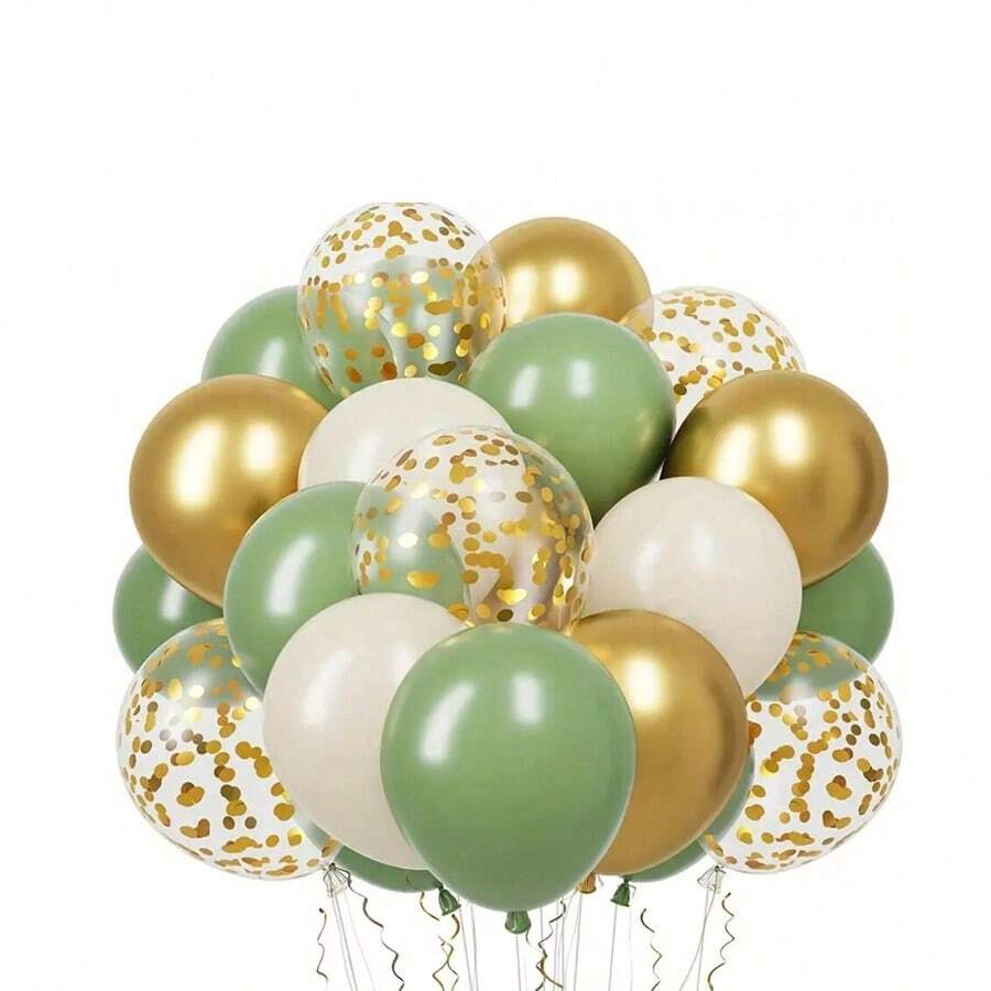 30pcs Sage Green, Gold & White Confetti Balloons For Party Decorations, Suitable For Birthday, Engagement, Wedding, Graduation Events