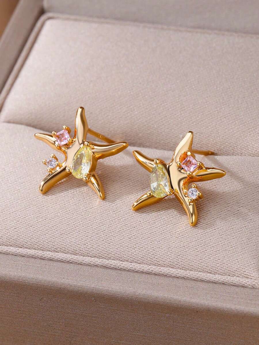 1 Pair Boho Style Starfish Bronze Stud Earrings With Cubic Zirconia, Minimalist And Versatile Dainty Luxury Earrings Suitable For Women, Beach, Party, Gift For Friends And Family