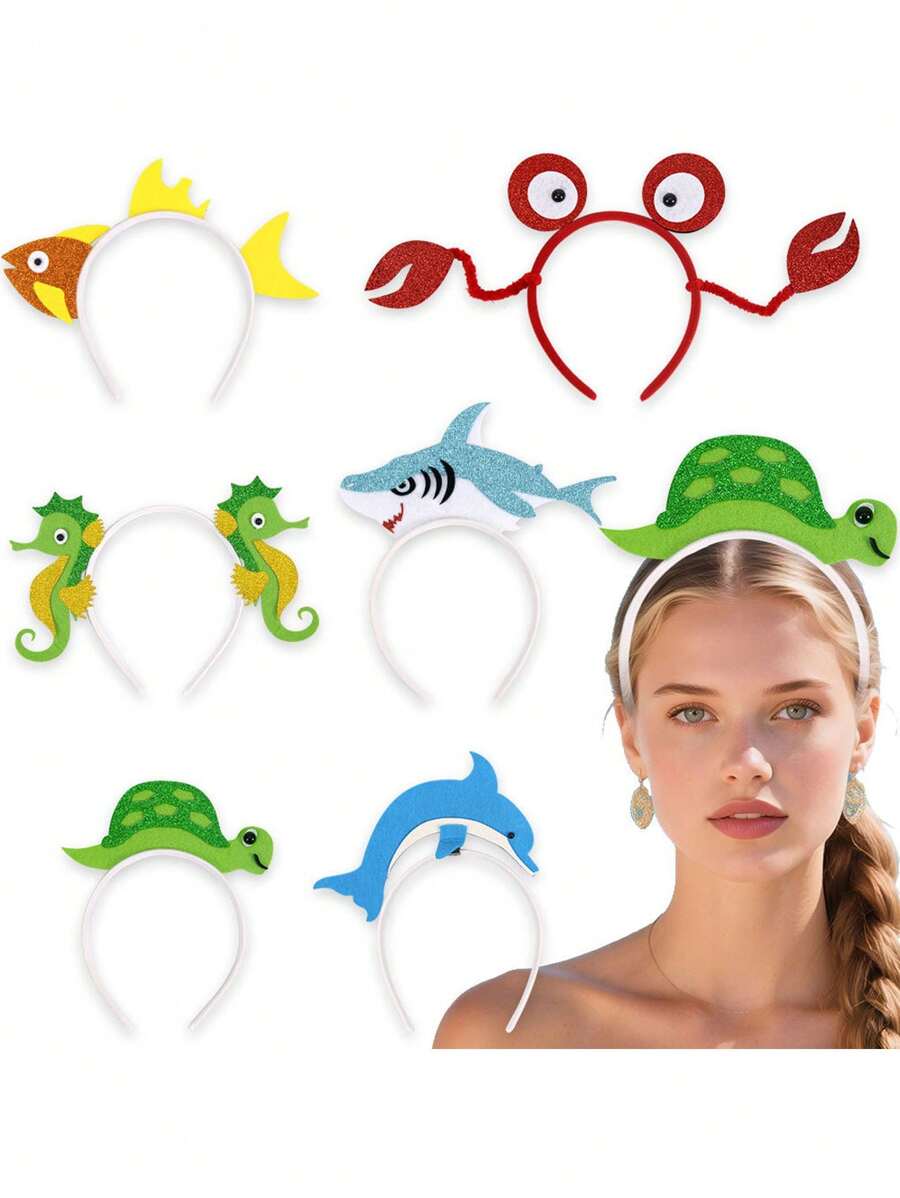1 pieza Diadema con diseño de animal marino de dibujos animados, tocado del mundo submarino, decoración para fiesta de cumpleaños con diseño de tiburón y delfín, accesorio de cabello lindo