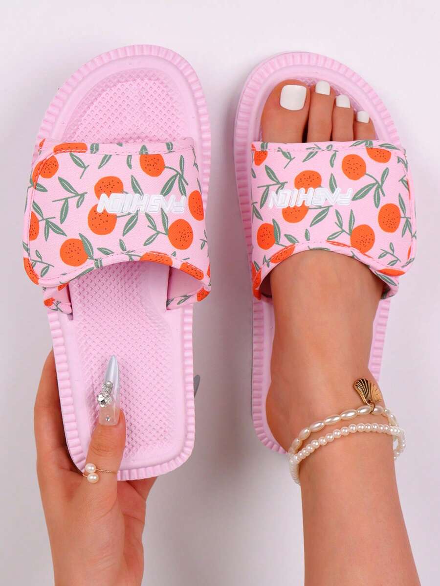 Women's Summer Fruit Print Slip-On Sandals - Comfortable Beach And Casual Flat Slides, Adjustable Strap, Breathable Fabric Upper, EVA Sole, Suitable For Indoor/Outdoor Use