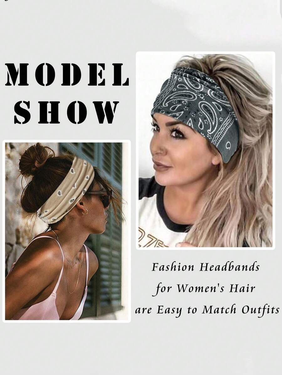1 pieza Diadema elástica de mujer con estampado de estilo bohemio tipo cachemira - Que absorbe la humedad, diadema elástica para yoga y fitness, estilo vintage boho, con detalle de lazo - Disponible en marrón, beige, verde oliva, gris, diadema para yoga, banda para el cabello, turbante, diadema deportiva