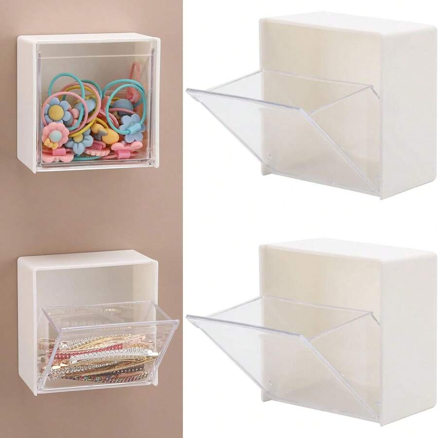 2pcs Waterproof Plastic Bathroom Storage Box With Flip Lid - Wall-Mounted Shower Organizer For Small Accessories, No Power Needed, Bathroom Organizer Rectangular Storage Storage, Bathroom Organizers And Storage Bathroom Accessories Back To School
