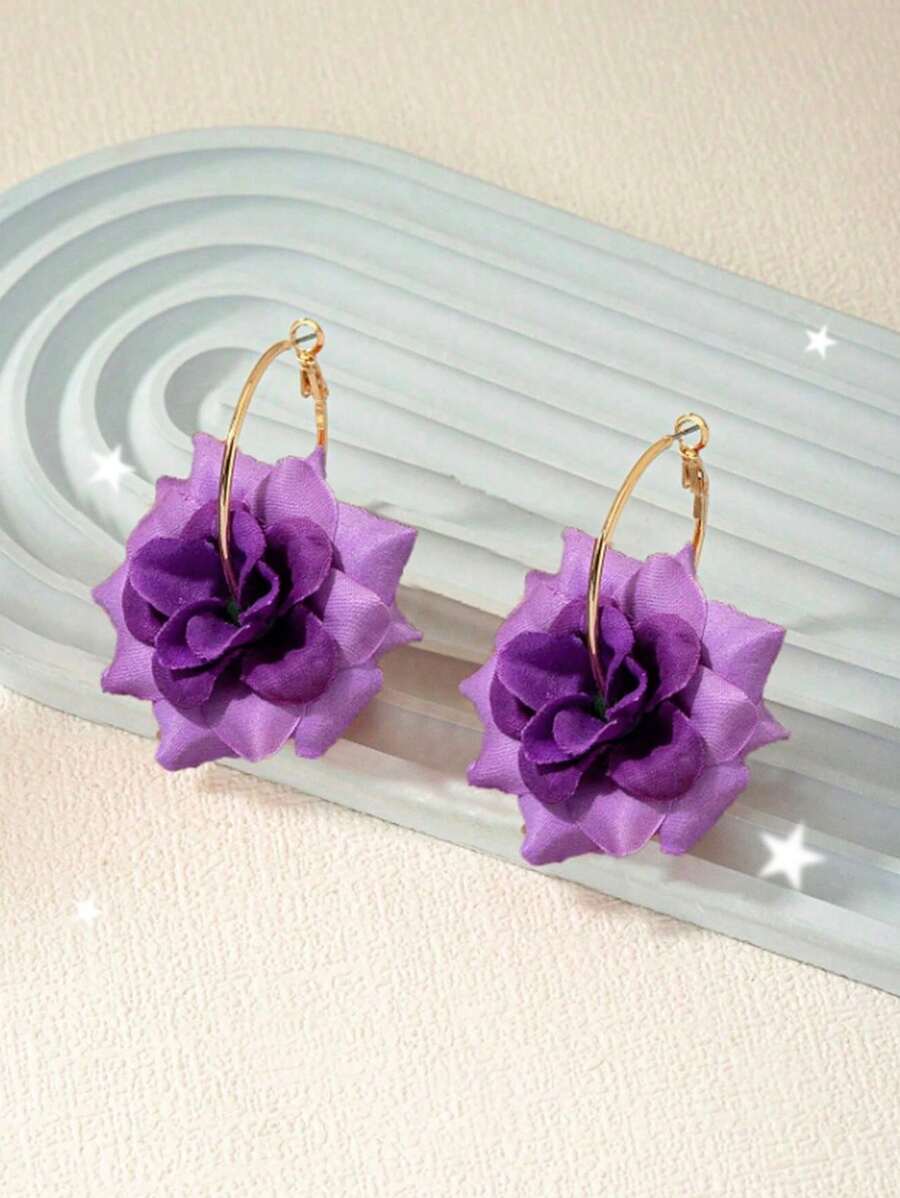 2pcs Fashionable Elegant Vivid Purple Rose Hoop Earrings, Suitable For Women For Daily Wear, Party, Outdoor Activities