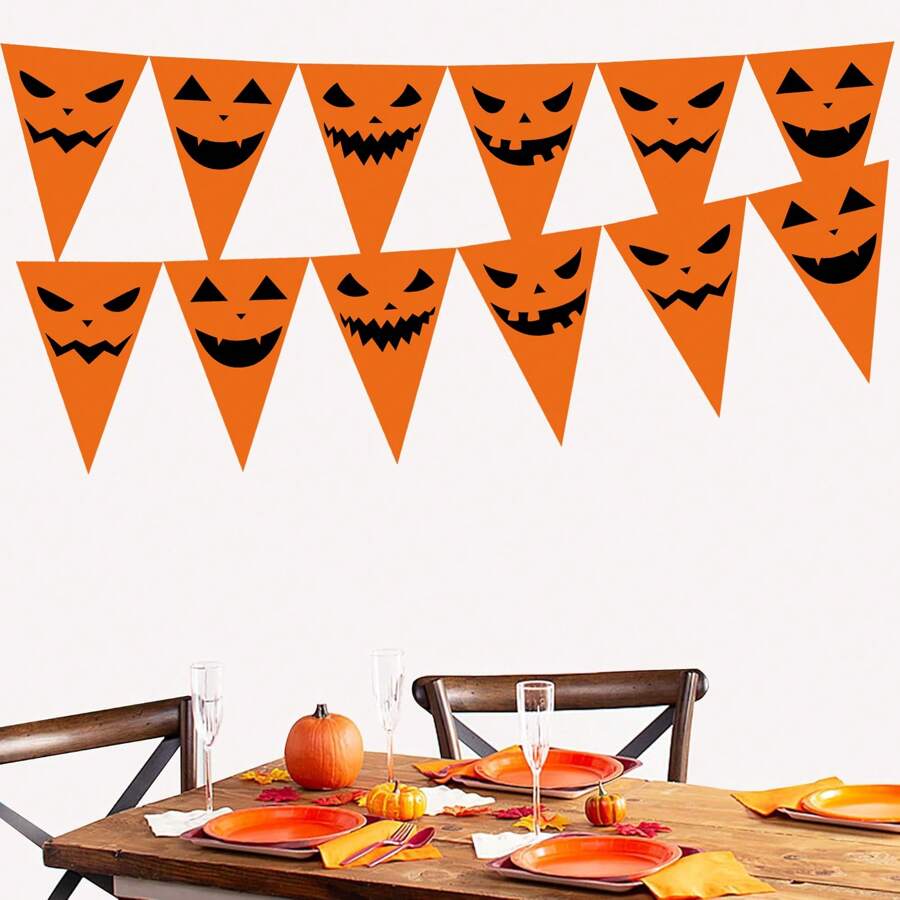 1pc Orange Halloween Party Decorations Pumpkin Triangle Flag Bunting Garland Streamers For Halloween Trick Or Treat Birthday Wedding Home Outdoor Party Supplies