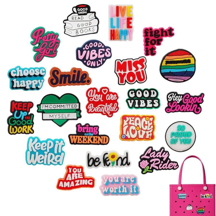 22 Unidades Série de Palabras Inspiradoras DIY Encantos para Bolsas de Playa de Goma, Decoraciones de Moda para Bolsos, Accesorios, Grandes Regalos para Navidad, Cumpleaños, Accesorios de Playa, Artículos Esenciales para Vacaciones