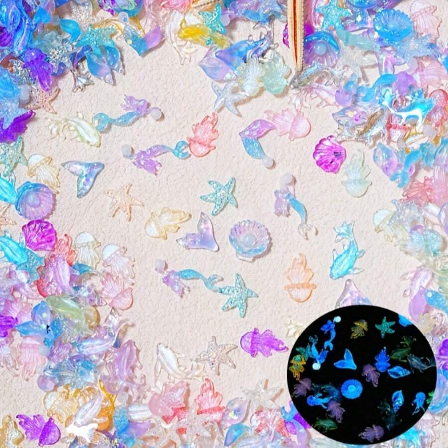50pcs Luminous Nail Art Charms-Resin Flatback Rhinestones In Assorted Fish&Jellyfish Shapes For DIY Nail Decor,Scrapbooking & Crafts,Non-Scented