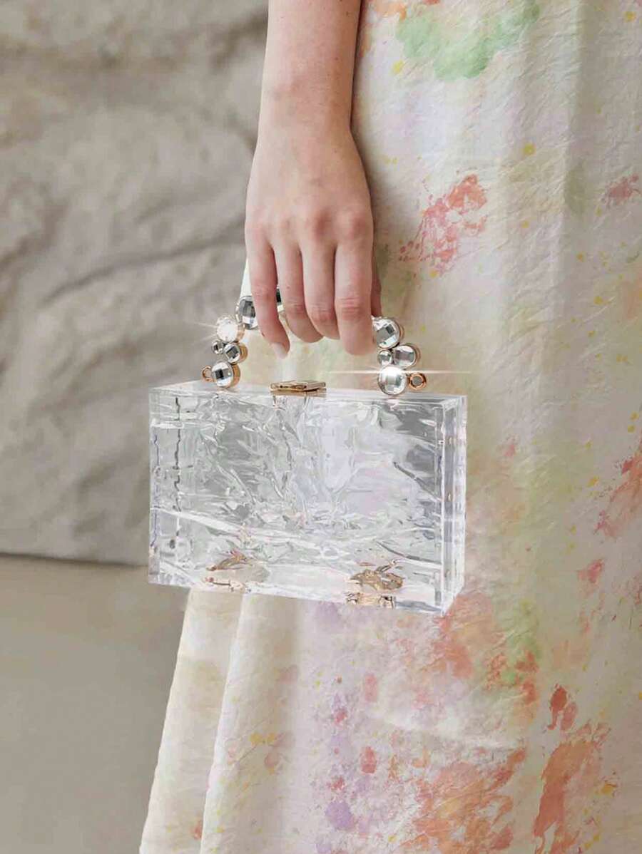1pc Transparent Box Style Crystal & Metal Chain Strap Evening Clutch Bag, Elegant & Luxury Design For Party, High-End Women's Handbag