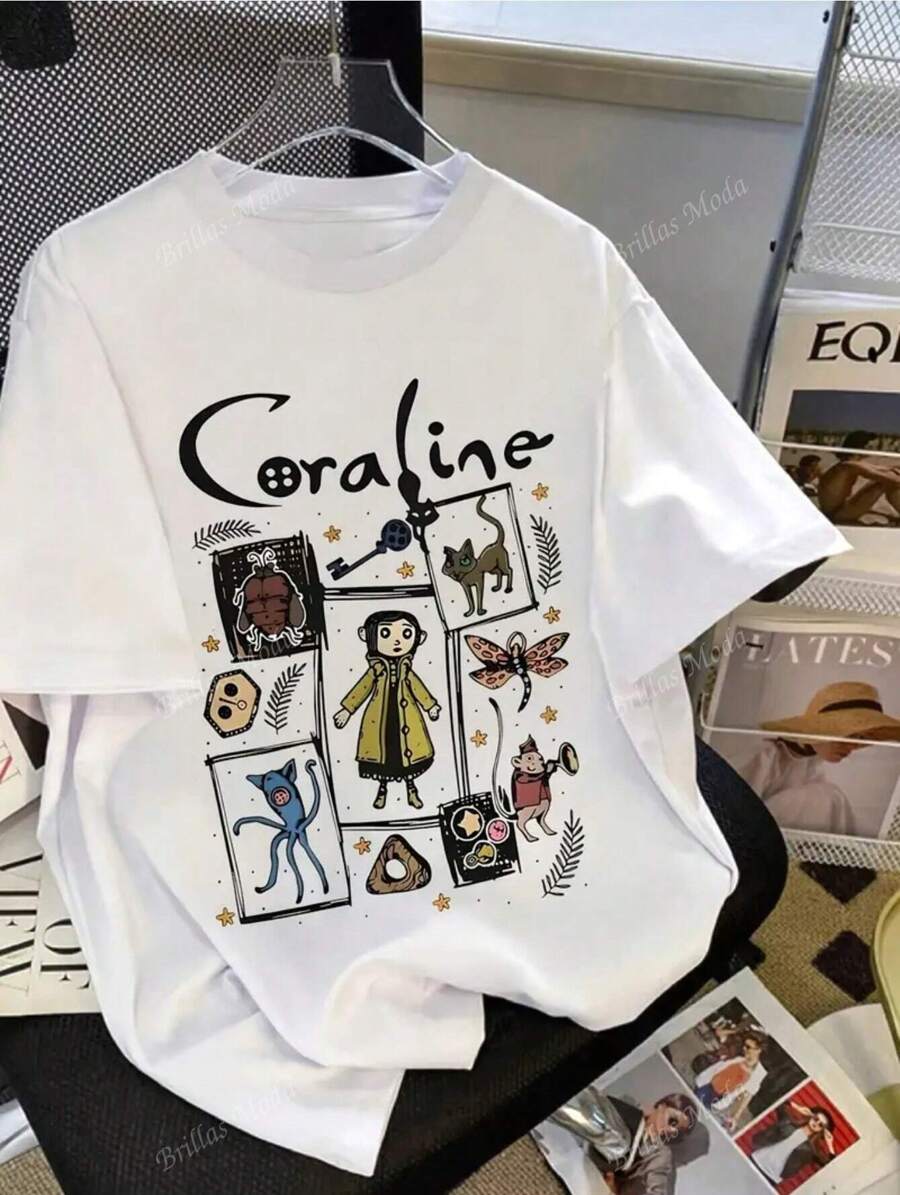 Camiseta gráfica de mujer de manga corta con cuello redondo y estampado de dibujos animados de estilo informal