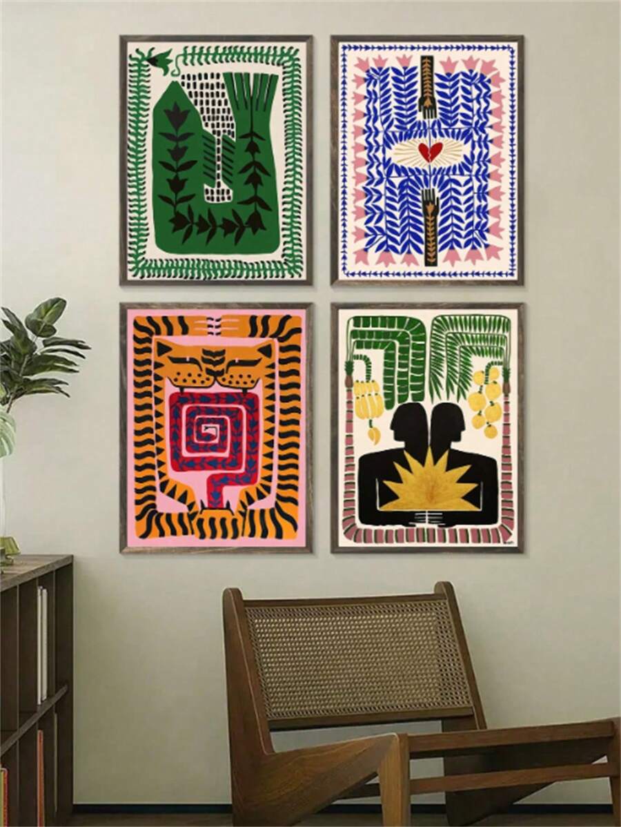 4 PEZZI/1 SET cartellone d'arte di nichia, astratto nordico, con antico disegno egiziano di tigre e leopardo