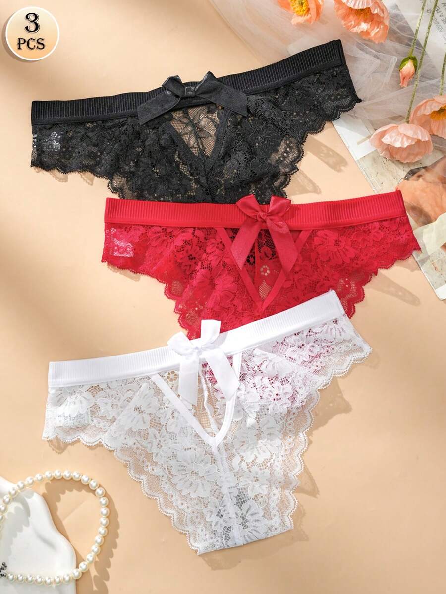 APRSEA Set de 3 bragas de mujer con encaje, lazo hueco, unicolor suave, bragas triangulares simples y cómodas para señoras