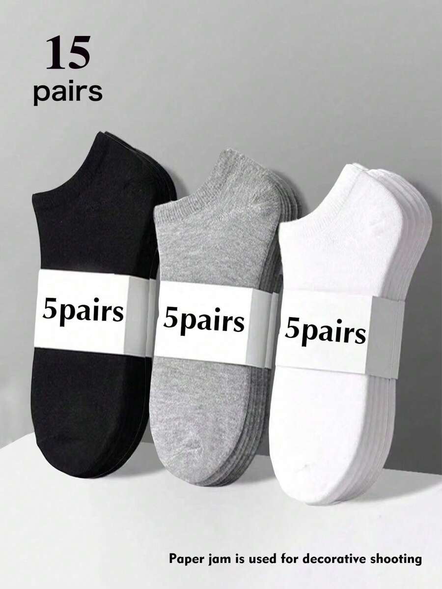 15 Pares de Meias Curtas Femininas Pretas, Brancas e Cinza, Moda Casual Confortável Versátil para Uso Diário, Também Disponível em 2/10/30/60 Peças