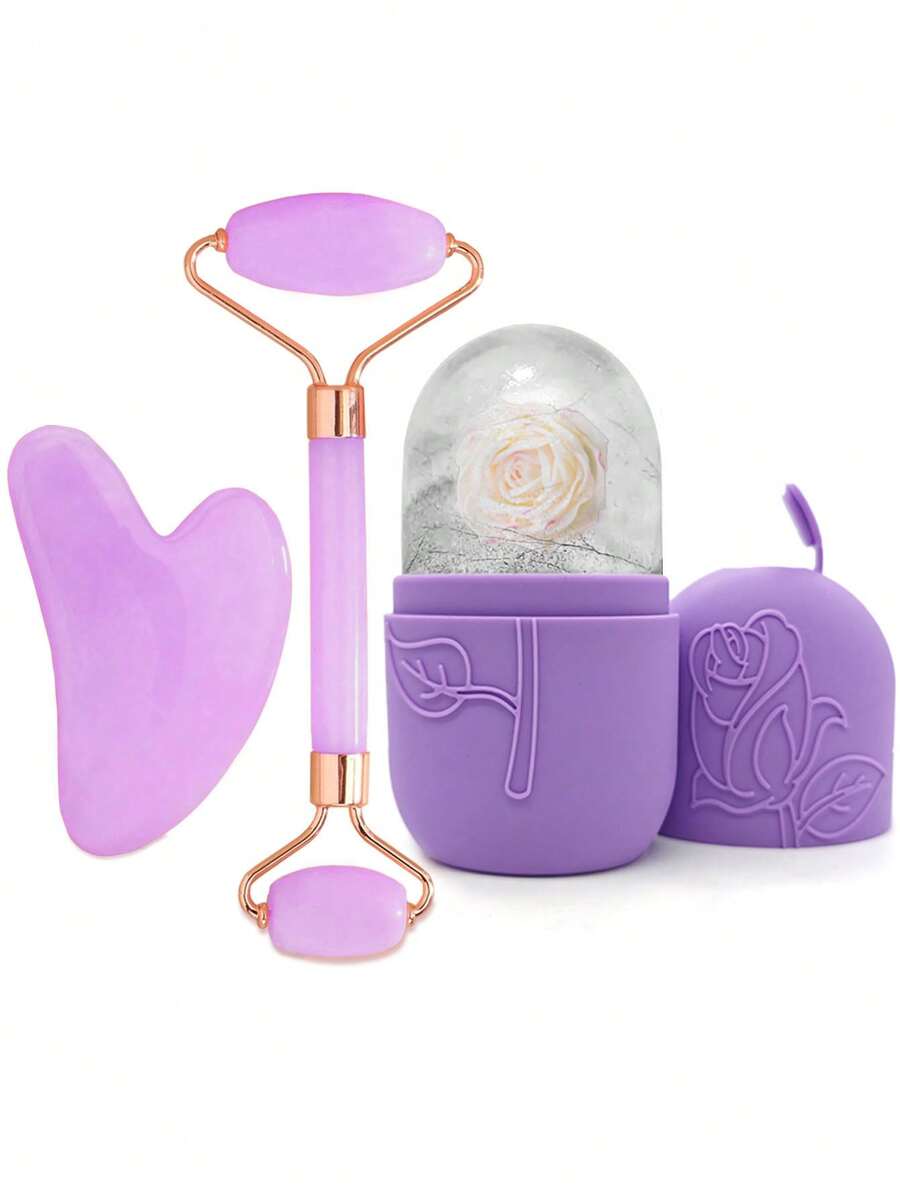 Set de 3 rodillos de hielo faciales - Juego de rodillos faciales de hielo, herramientas de masaje facial, rodillo facial de silicona con hielo, rodillo de hielo, cuarzo rosa con rodillo masajeador y tabla Gua Sha, para aliviar la hinchazón facial y ocular, masajeador facial que contornea y mejora el cuidado de la piel y el brillo, para ojos, cuello y rostro, molde de rodillo facial de hielo - Herramientas para el cuidado de la piel. Productos para masaje con hielo de verano, suministros de oficina, suministros escolares, artículos esenciales de viaje.