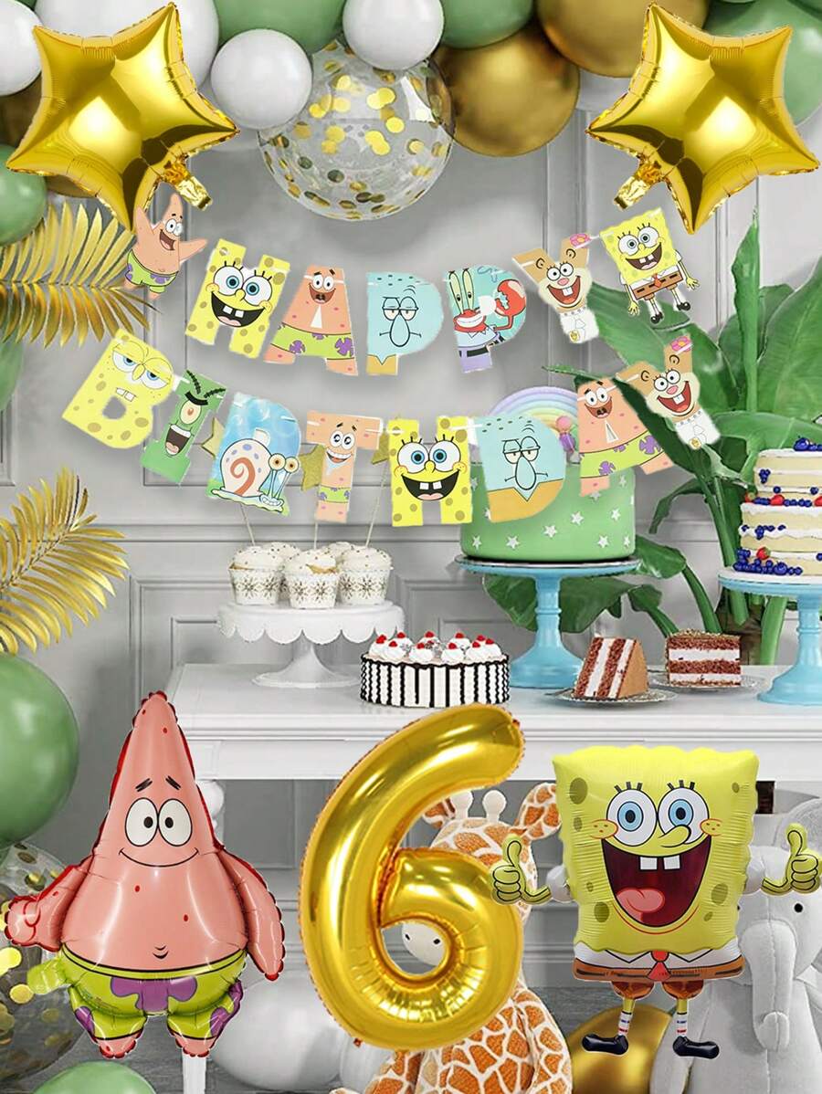 SPONGEBOB Conjunto de globos de Bob Esponja, decoración de fiesta de cumpleaños infantil de dibujos animados y anime, globos de película de aluminio, elementos de decoración de fondo
