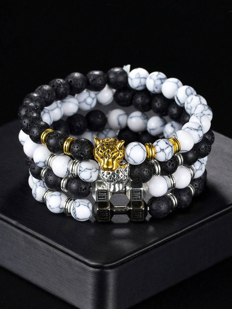 1 pieza Pulsera única para hombre con cabeza de leopardo y cuentas, para uso casual, deportivo y diario