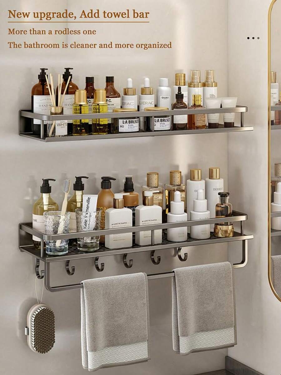 Badezimmer Duschkorb mit großer Kapazität, Badezimmer Aufbewahrungsregal ohne Bohren, Duschorganizer aus rostfreier Aluminiumlegierung mit 4 Haken, Badezimmer Duschablage Schulanfang