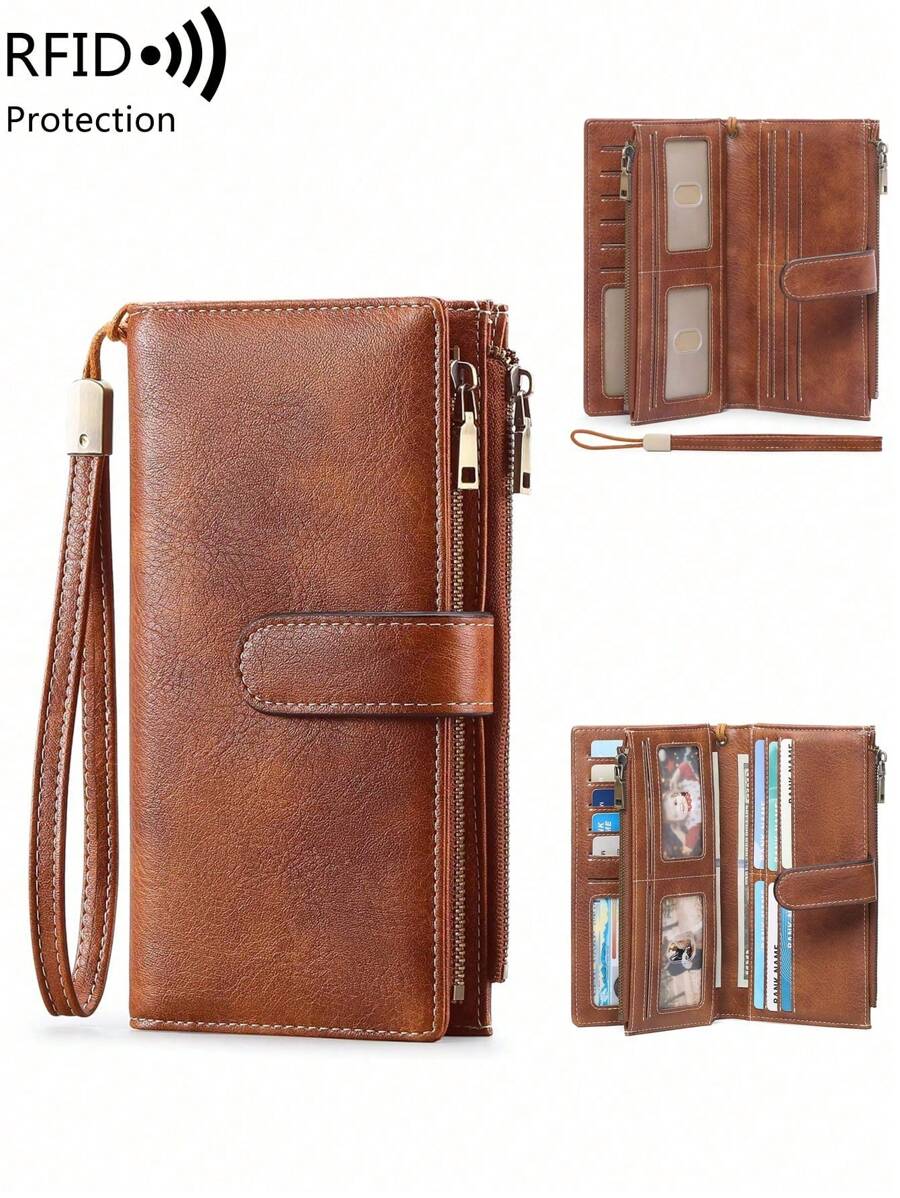 Nueva cartera larga de triple pliegue con tecnología RFID para comercio transfronterizo, cartera vintage multifunción para dama, de unicolor, con gran capacidad