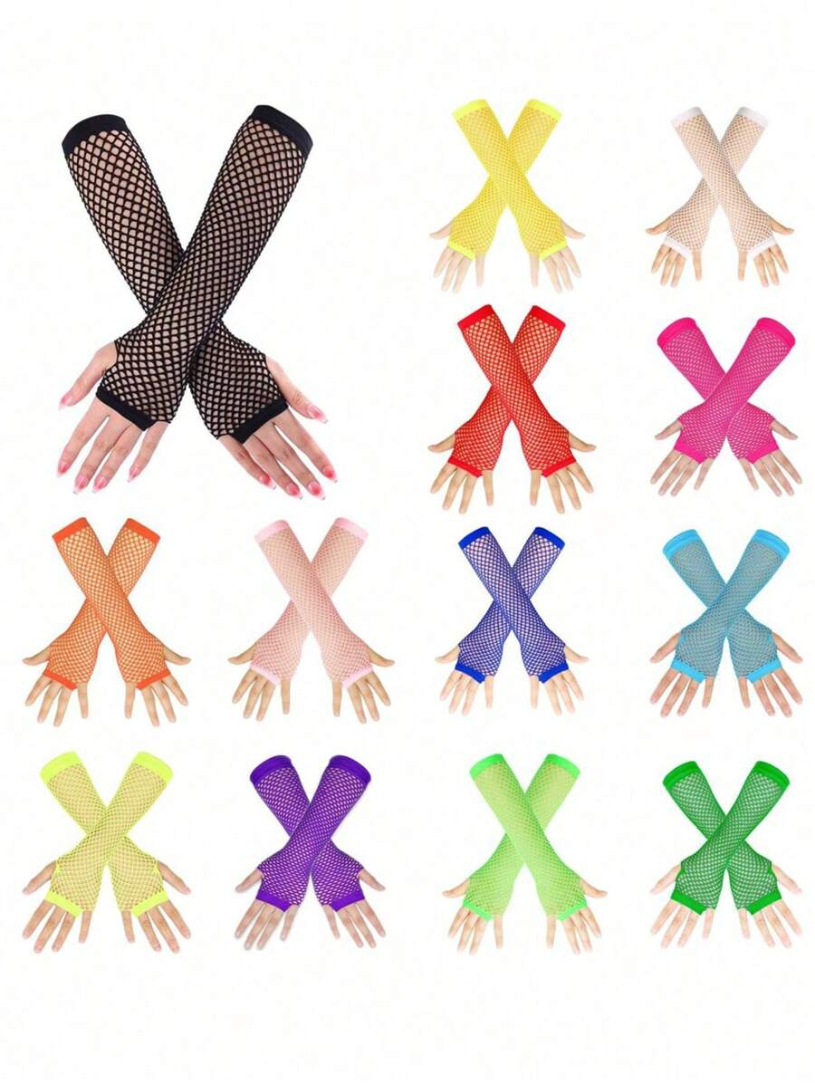 1 Pair Women Long Fingerless Fishnet Gloves, 80s Party/Halloween Party Decor