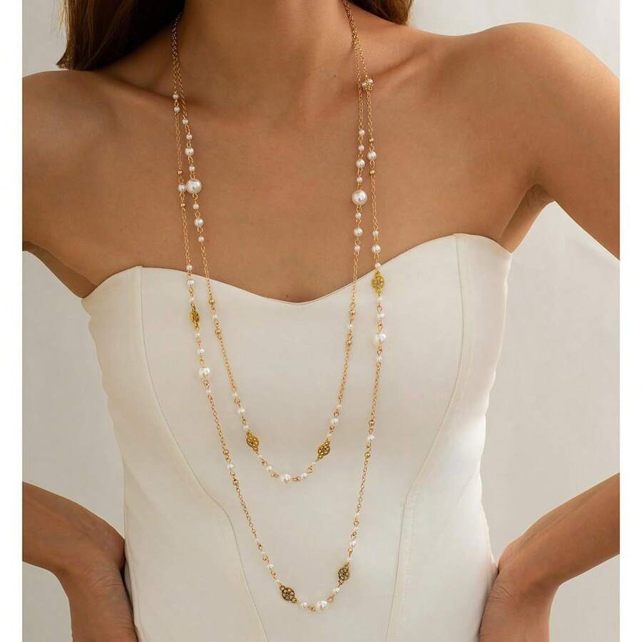 1pc French Fashion Faux Pearl Long Necklace, Women's Party Accessory, Elegant Jewelry