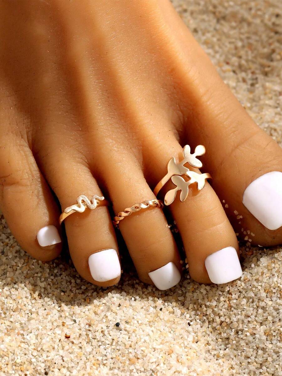 3pcs/Set Stylish Gold Floral Decor Women Toe Rings Set, Suitable For Beach, Party, Date, Everyday Wear
