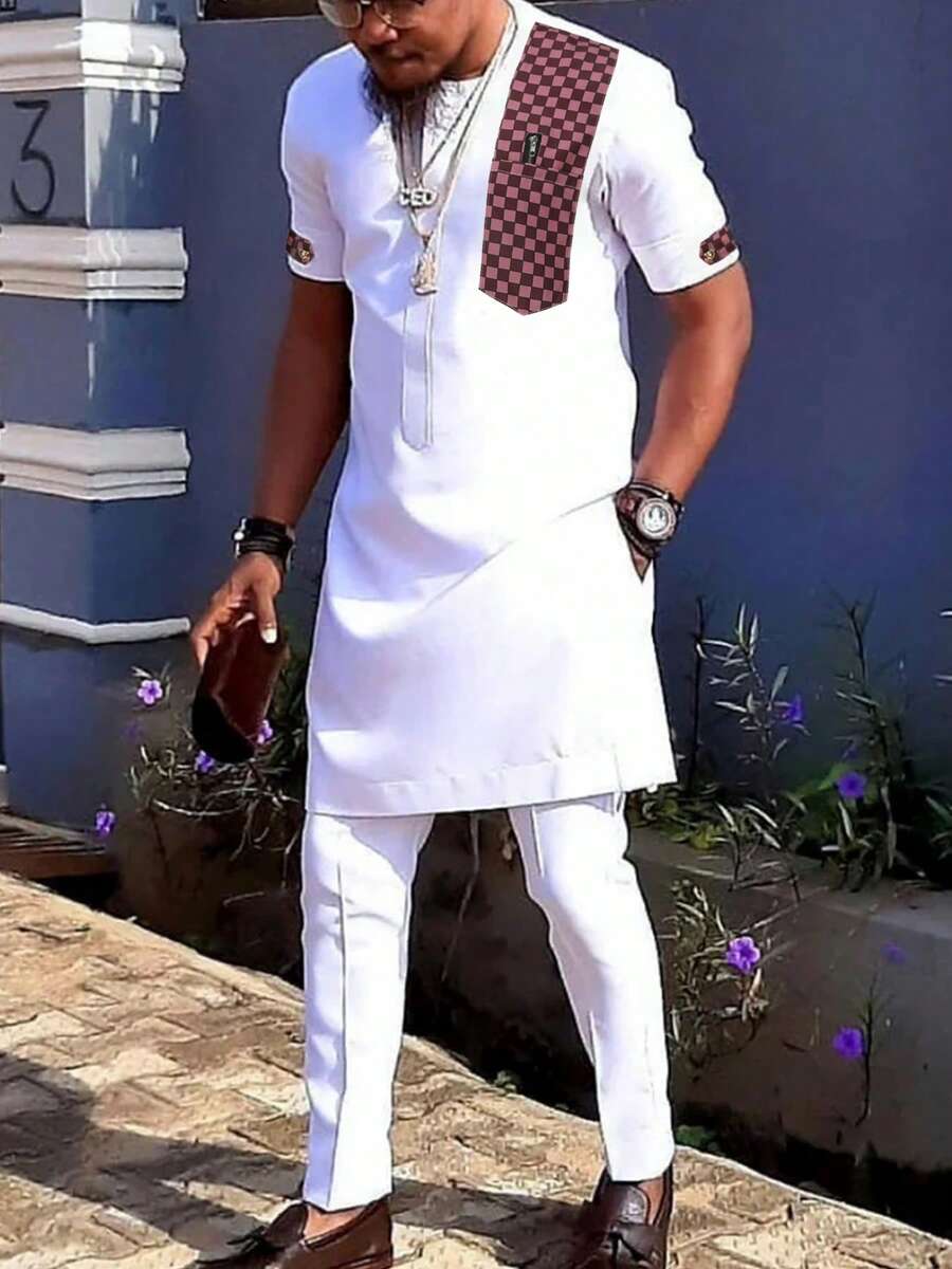 Conjunto de 2 piezas de túnica africana para hombre con camisa de manga corta con efecto de empalme y pantalones casuales - Vestimenta tradicional elegante para fiestas y festivales