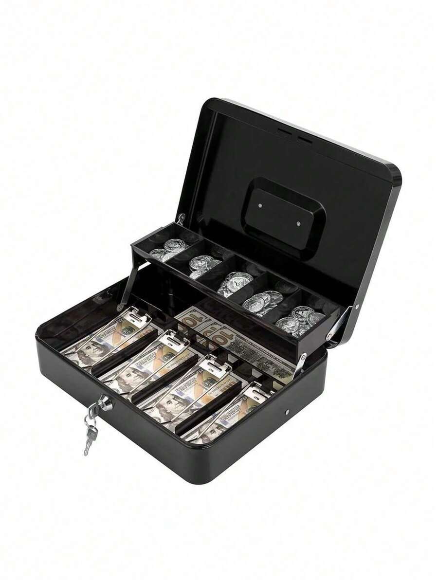 Iron Cash Box With Spring-Loaded Bill Clips, 5 Compartment Cantilever Coin Tray, Durable Mechanical Lock, And Convenient Stainless Handle - Security Cash Register Box With Key Lock,Back To School,School Supplies