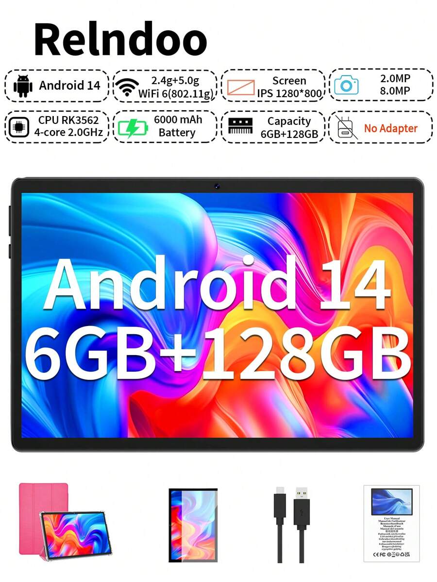 Relndoo 2025 TopS 10-Zoll Android 14 Tablet, (6GB+6GB) RAM +128GB ROM, RK3562 Quad-Core 2,0GHz, 1280*800px HD Touchscreen, 6000mAh Hochleistungsakku, 802.11n Wifi6 2,4g/5g, 2MP+8MP Dual Kamera, unterstützt 1TB SD-Erweiterung, für Online-Kurse, Romane, Lesen, Videos scrollen, Malereien gestalten (ohne Adapter) - pink