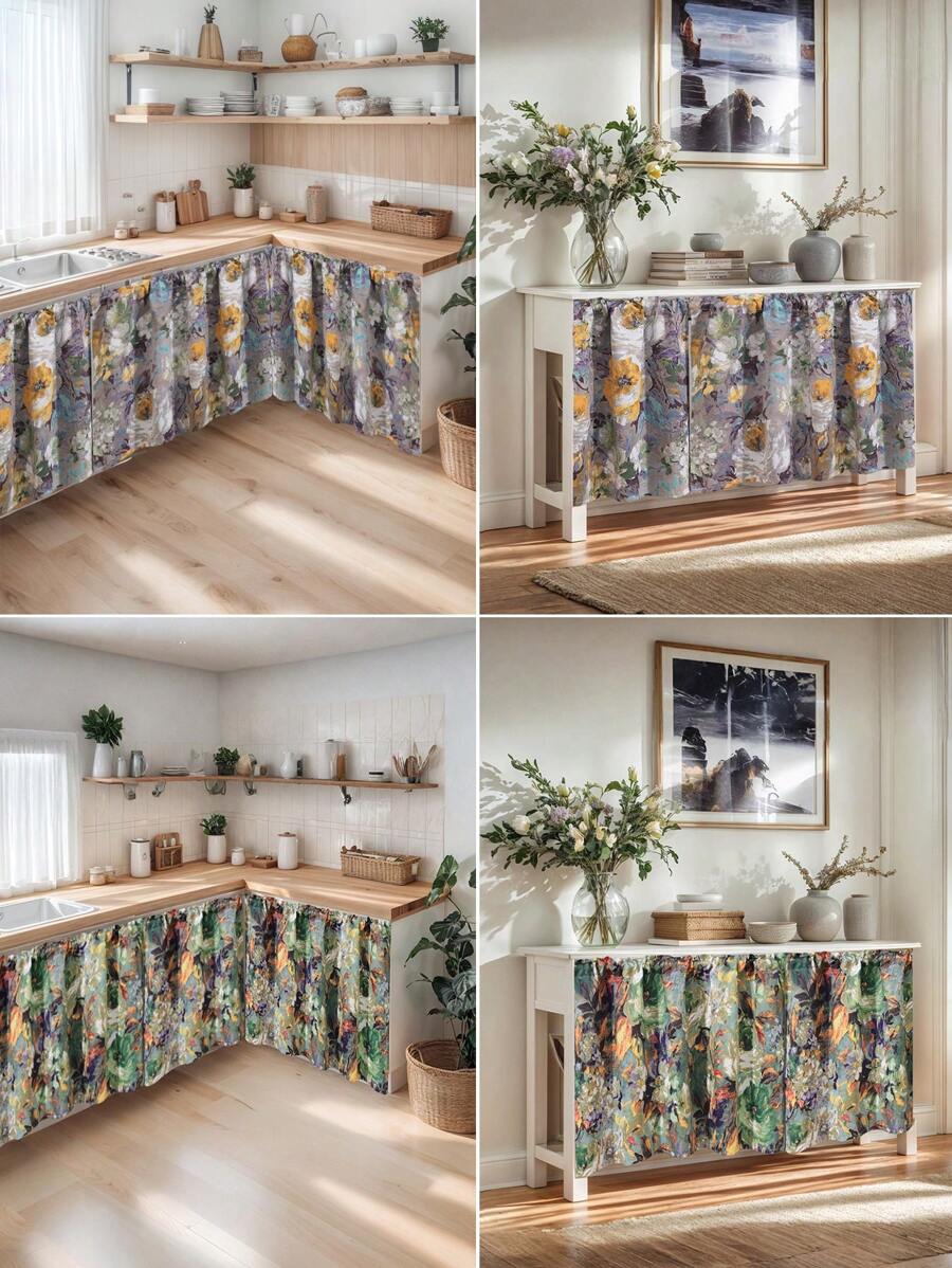 1pc Impression Painting Print Table Skirt, Kitchen Curtain, Room Divider, Japanese Style Cloth Curtain For All Seasons, Cabinet, Bathroom Sink Half Curtain, Decorative Curtain No Drill Required