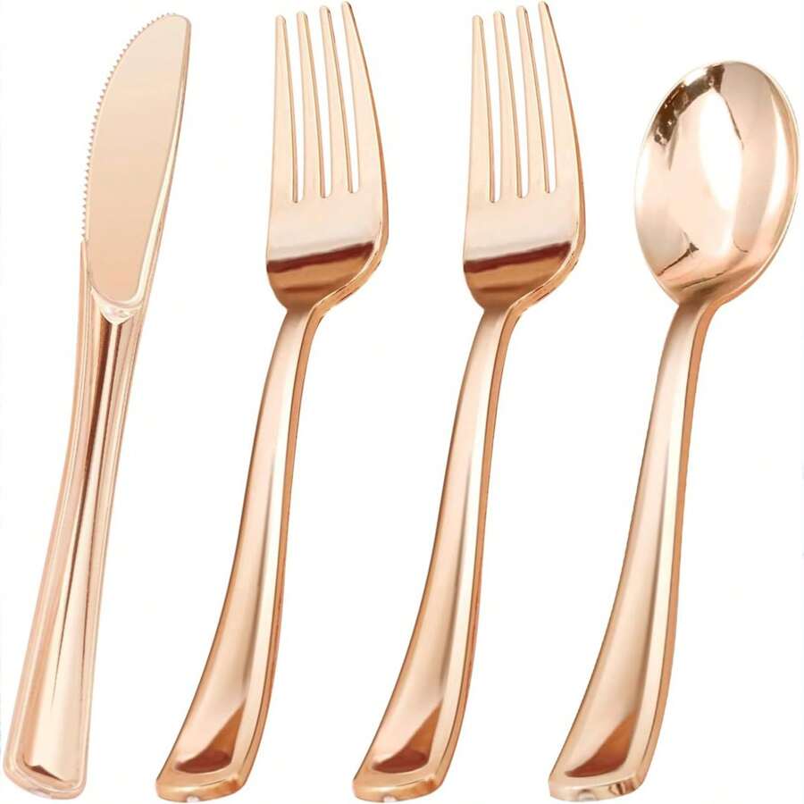150pcs Gold/Silver/Rose Gold Cutlery Set, Including 50pcs Knives, 50pcs Forks, 50pcs Spoons, Multi-Color Options, Suitable For Wedding, Party, Birthday, Kitchen, Beach BBQ, Picnic, Camping, Restaurant, Easter, Halloween, Valentine's Day, Charity , Bakery, Market Stall, Outdoor Activities, Disposable And Reusable