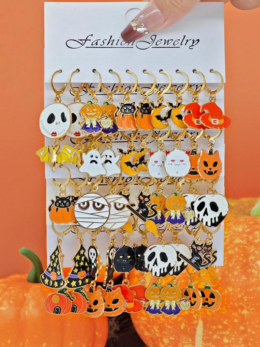 10 Stücke/50 Stücke neue Lustige Halloween Ohrringe, Gothic Schädel, Geistgesicht, schwarze Katze, Kürbis, Fledermaus Ohrhänger Schmuckset aus Zinklegierung für Frauen
