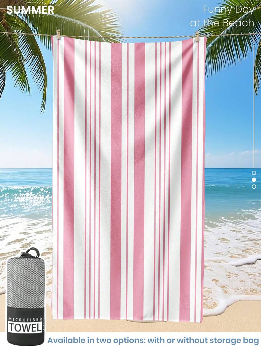 Toalha de praia estampada, 1 peça, toalha de banho com listras rosa e branca, toalha de banho, toalha de praia estilo fashion, toalha de banho superabsorvente para banheiro, natação, fitness, ioga, toalha de microfibra macia e confortável, leve e portátil